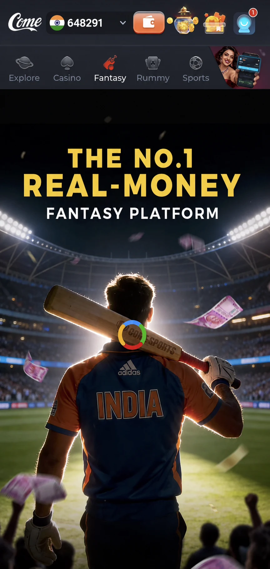 COME Fantasy presentation screenshot with an edited balance of 648291 and cricket stadium artwork